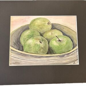Original watercolor painting of green apples in a bowl.